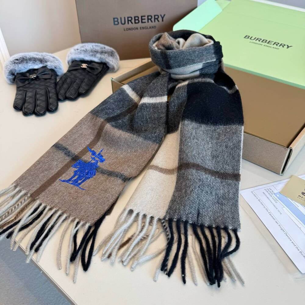 Burberry Plaid Cashmere Scarf & Fur-Cuff Leather Gloves Set